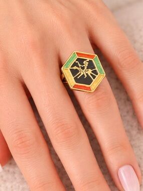 Sterling Silver Enamel Statement Ring – Signed BKC – Horse & Rider Motif